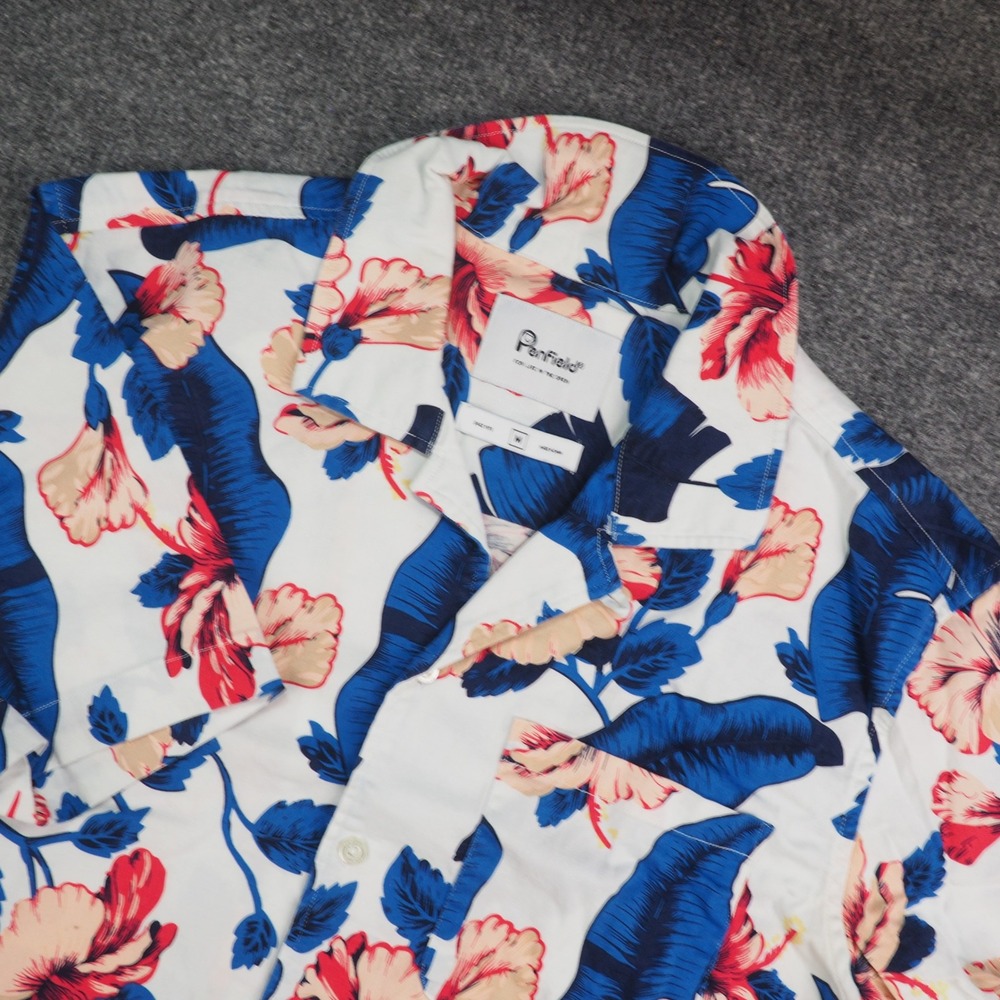 Penfield Floral Button Up Shirt Mens Med White Blue Red Hibiscus‎ Aloha Tropical